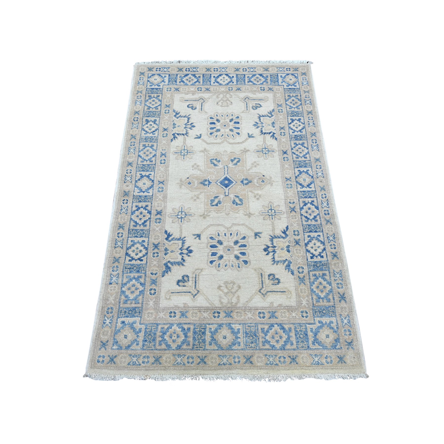 3'x4'10" Pearl White, Vintage Look Kazak with All Over Design, Hand Knotted, 100% Wool, Natural Dyes, Oriental Rug 